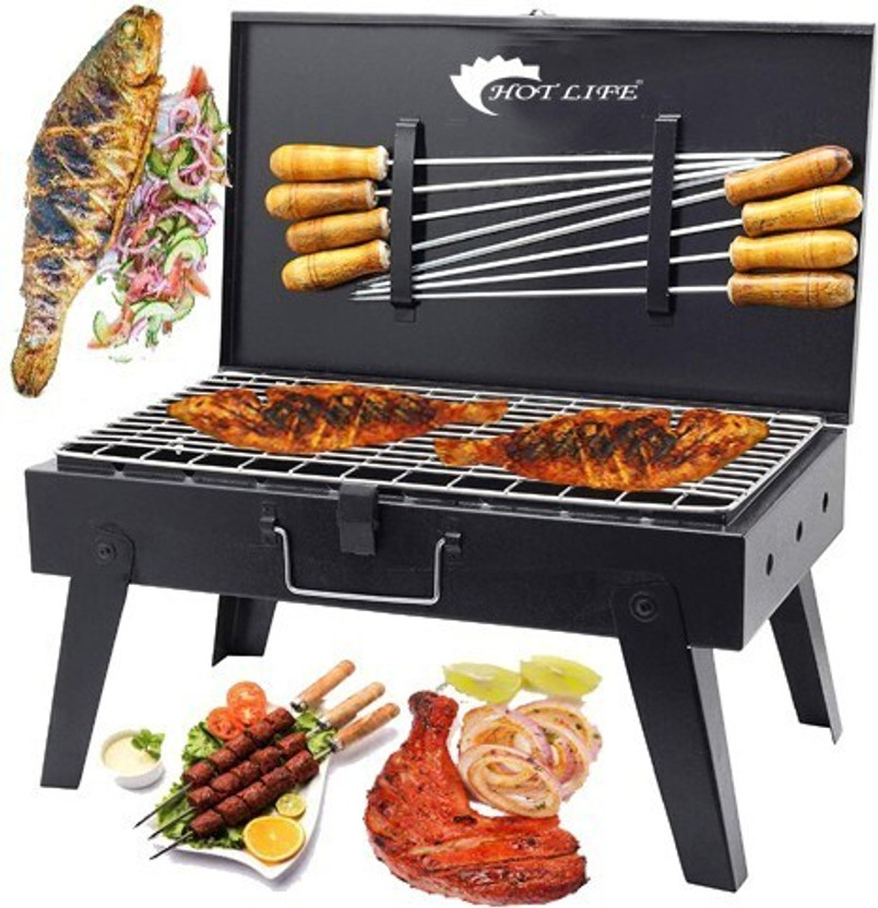 HOT LIFE Folding(Device)BriefcaseMetalBarbeque,8WoodenHandleSkewers,1Iron with 8 Skewer Charcoal Grill(Portable, Foldable)