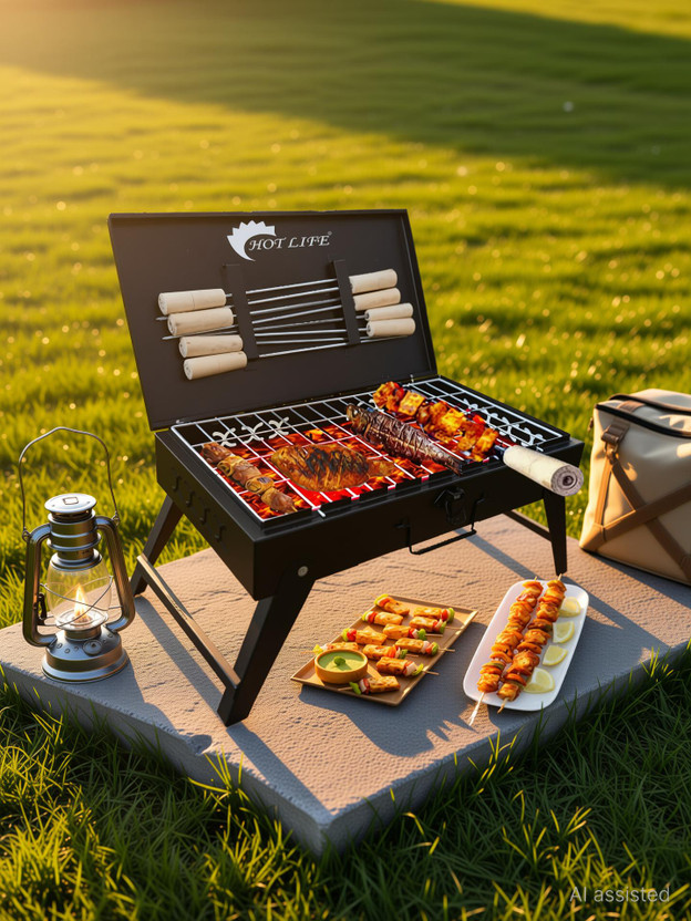 HOT LIFE BarbecueSkewersSticksforOven,MicrowaveandPan,BBQSkewer,KababSticks with 8 Skewer Charcoal Grill(Portable, Foldable)