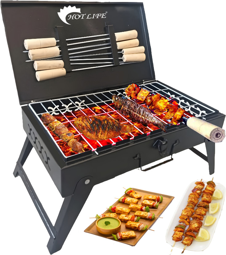 HOT LIFE BarbecueSkewersSticksforOven,MicrowaveandPan,BBQSkewer,KababSticks with 8 Skewer Charcoal Grill(Portable, Foldable)