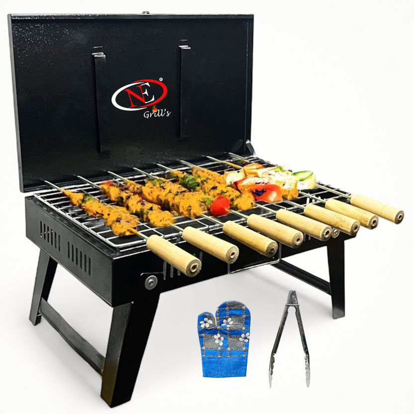 NE GRILLS BarbecueBasketFoldableforRoastBBQPortableGrillingwithWoodHandle with 8 Skewer Charcoal Grill(Portable, Foldable)