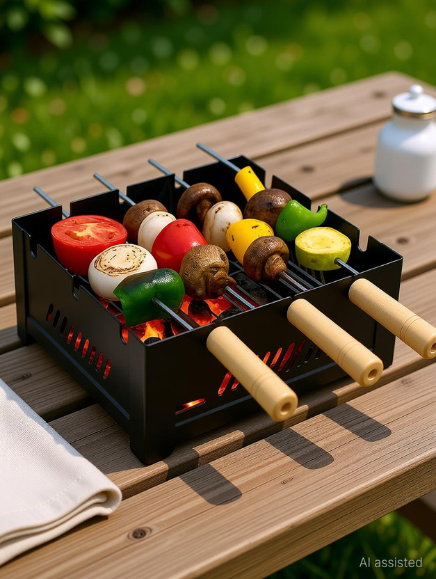 BBQ Grill Compact Tabletop Charcoal Barbeque Grill with 3 Skewers & Grill Rack – Durable Iron Barbecue Cooker for Home, Balcony, Garden, Outdoor Camping & Parties Charcoal Grill