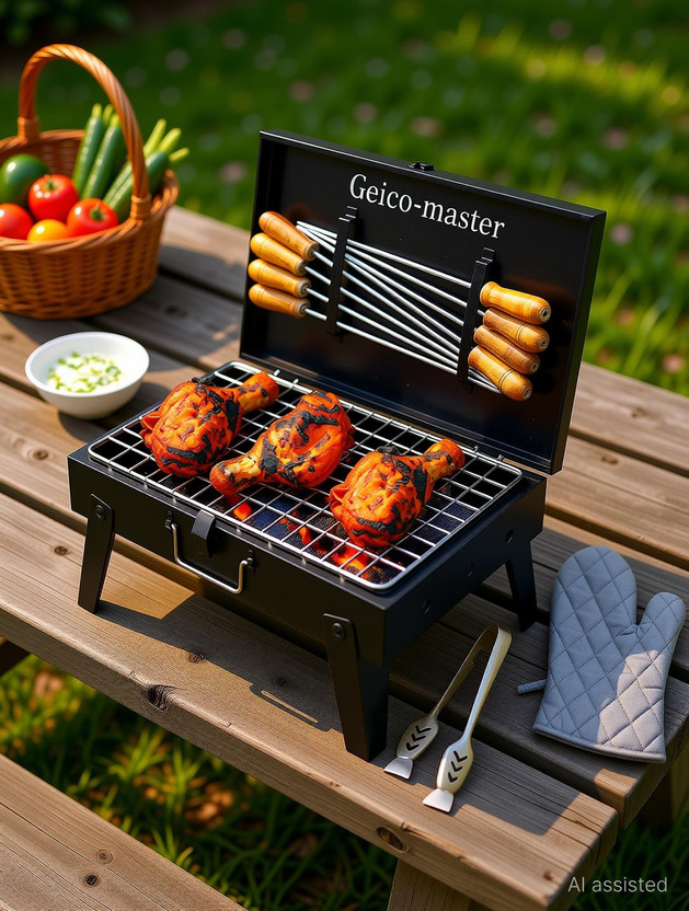 Geico master BriefcaseFoldingBarbequeGrill,8Skewer,1MetalGrill,HandGlove,1Tong with 8 Skewer Charcoal Grill(Portable, Foldable)