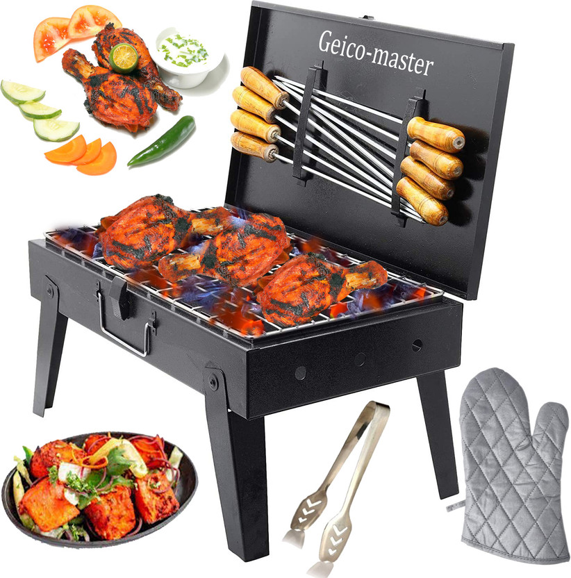 Geico master BriefcaseFoldingBarbequeGrill,8Skewer,1MetalGrill,HandGlove,1Tong with 8 Skewer Charcoal Grill(Portable, Foldable)
