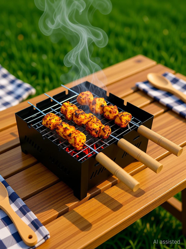 BBQ BBQ Grill Small Tabletop Charcoal Barbeque Grill with 3 Wooden Handle Skewers – Compact, Travel-Friendly Barbecue for Outdoor Cooking, Picnic & Home Gatherings Charcoal Grill - Flipkart Deal
