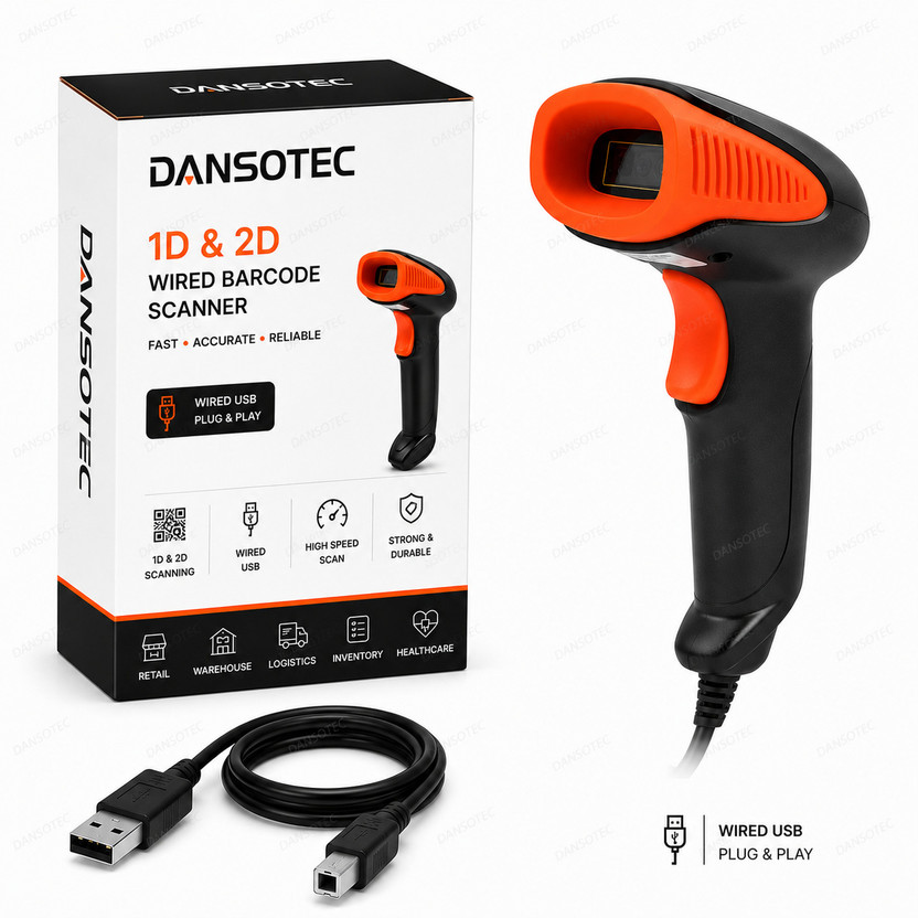 Dansotec 2D/1D Wired USB Barcode & QR Code Scanner for Retail, Billing & Inventory Management 2D Camera Barcode Scanner(Handheld)