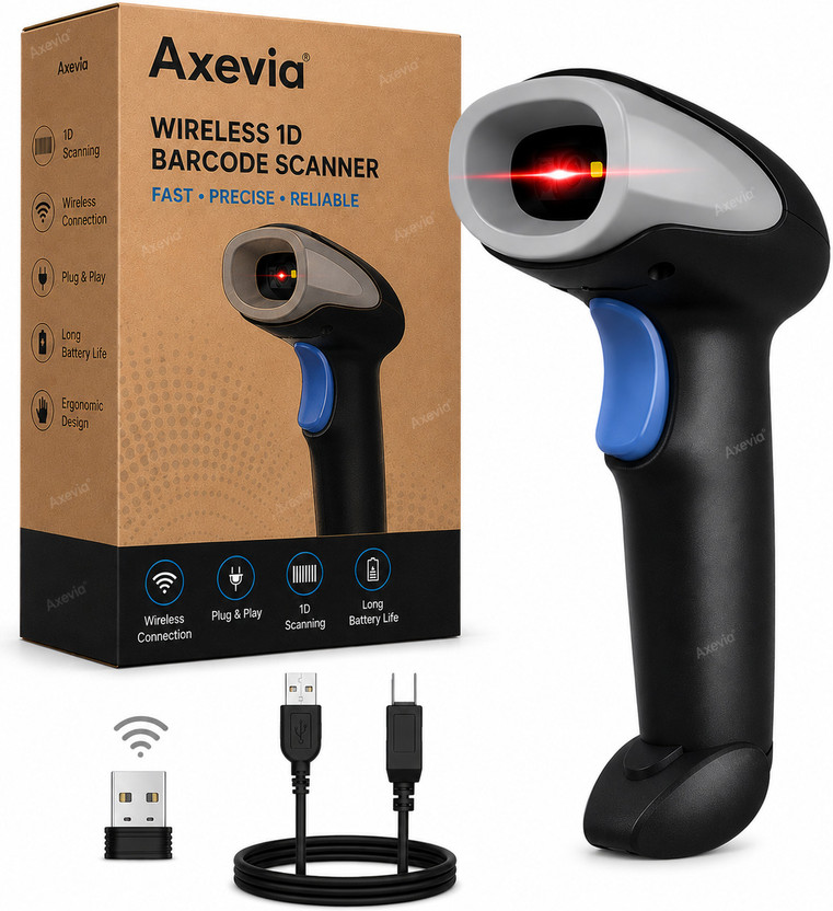 Axevia Professional Barcode Scanner High-Speed Wireless 2D Barcode Reader | Wired QR Code Scanner | Support Win/MAC Connection 2D Camera Barcode Scanner(Handheld)