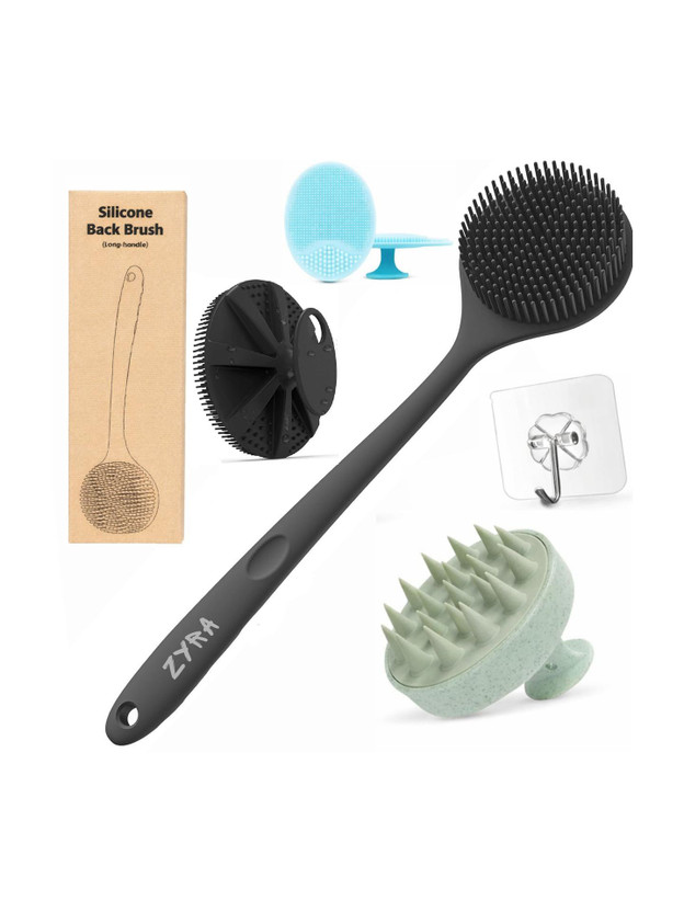 Zyra Silicone Back Scrubber Long Handle Bath Brush Body Scalp Massager Face Scrubber