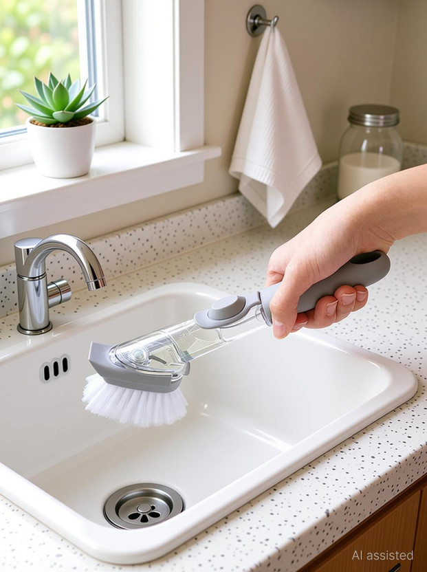 SarjuZone sink Cleaning Brush With Soap Dispenser Dish Wash Scrubber Sponge Wet Brush(Grey)