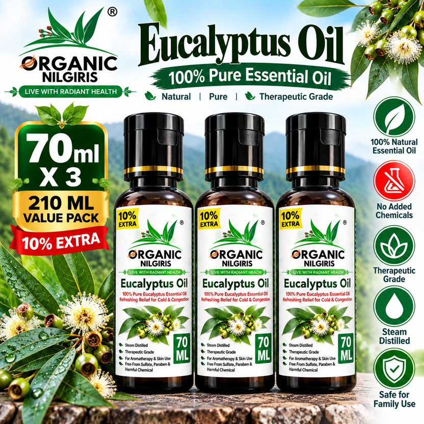 organic organic nilgiris Eucalyptus Oil 100% Natural Nilgiri thailam, Neelgiri tel for sinus, cold, natural sanitizer, skin & mehandi diffuser, headache(210 ml) - Flipkart Deal