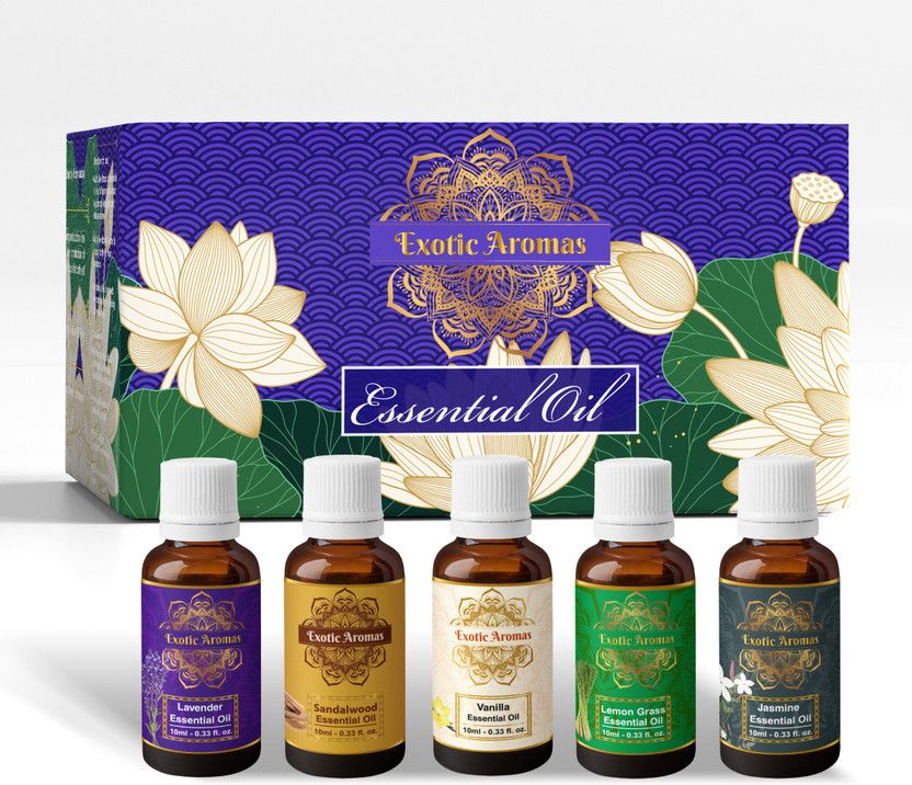 Exotic Exotic Aromas Essential Oil - Lavender, Sandalwood, Vanilla, Lemongrass,Jasmine (Pack of 5)(50 ml) - Flipkart Deal