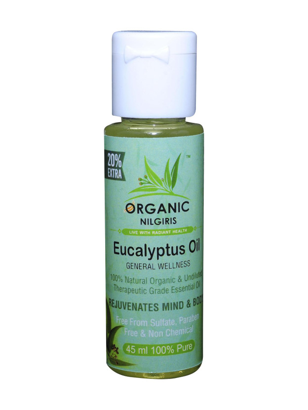 organic nilgiris Eucalyptus Oil 100% Natural Nilgiri thailam, Neelgiri tel for sinus, cold, natural sanitizer, skin & mehandi diffuser, headache(45 ml)