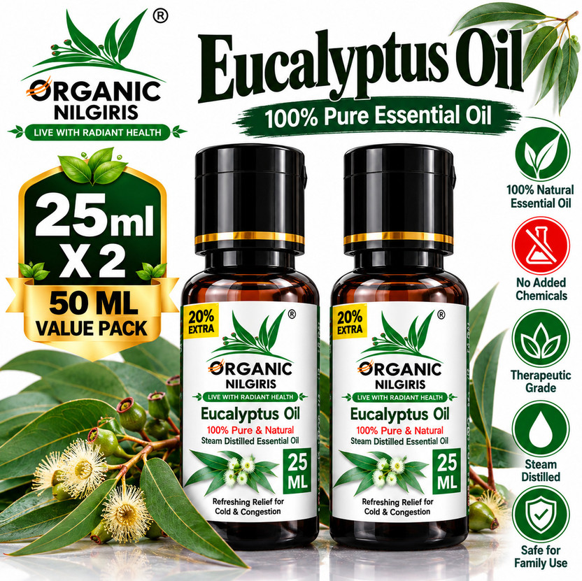 organic organic nilgiris Eucalyptus Oil 100% Natural Nilgiri thailam, Neelgiri tel for sinus, cold, natural sanitizer, skin & mehandi diffuser, headache(50 ml) - Flipkart Deal