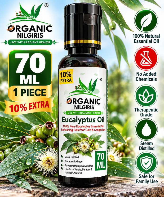 organic nilgiris Eucalyptus Oil 100% Natural Nilgiri thailam, Neelgiri tel for sinus, cold, natural sanitizer, skin & mehandi diffuser, headache(70 ml)