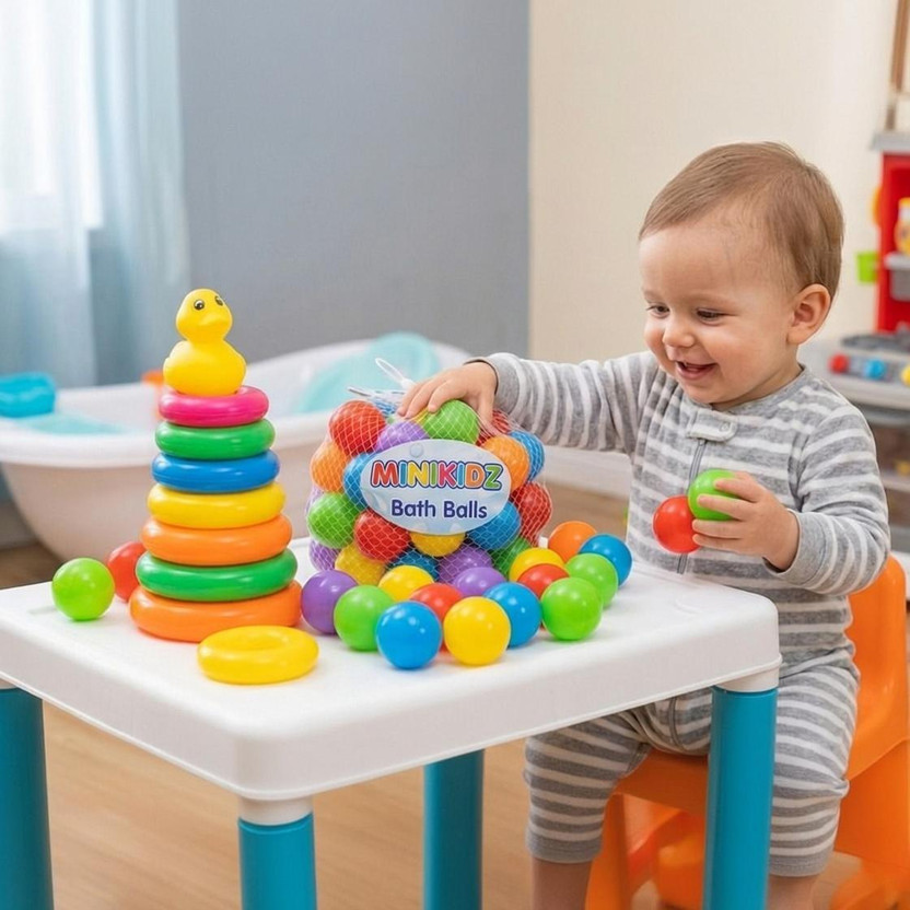 MINIKIDZ Baby Premium Multicolour 12 Balls and stacking 7 rings toy for Kids Pool Pit/Ocean Ball Without Sharp Edges Soft Balls for Toddler Play Tents & Tunnels Indoor & Outdoor Bath Toy (Multicolor) Bath Toy(Multicolor)