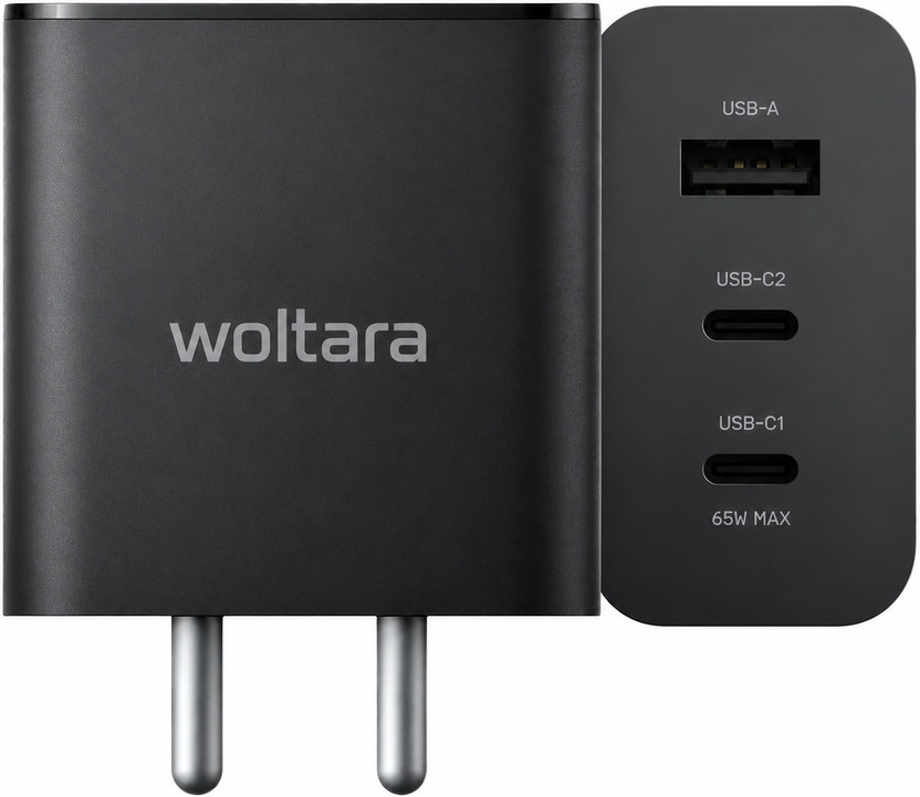 WOLTARA 65 W GaN 5 A 3 Port Mobile Charger with Detachable Cable(Black)