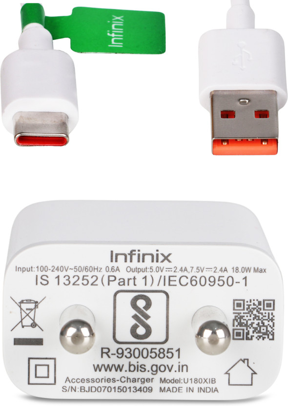 Infinix 18 W Quick Charge 2 A Wall Charger for Mobile(White, C-Type, Cable Included)
