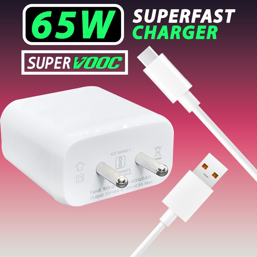 GaN Charger 65 W SuperVOOC 6.5 A Wall Charger for Mobile with Detachable Cable(For Oppo Reno 7 5G, OPPO Reno 7 Pro 5G, OPPO Reno Ace, White, Cable Included)