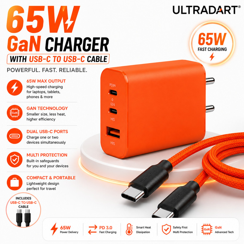 ULTRADART ULTRADART 65 W GaN 6.5 A Wall Charger for Mobile with Detachable Cable(Orange) - Flipkart Deal