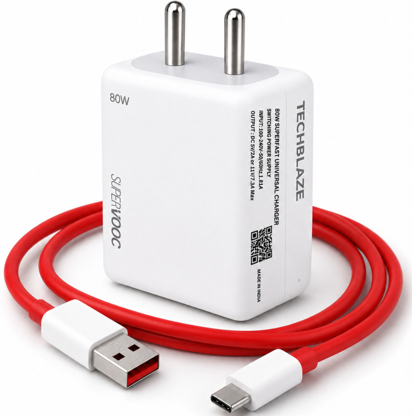 TechBlaze 80 W SuperVOOC 7.3 A Wall Charger for Mobile with Detachable Cable(White, Cable Included)