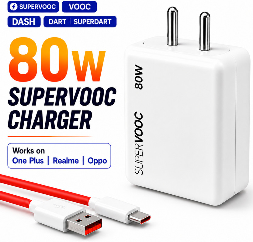 TechBlaze 80 W SuperVOOC 7.3 A Wall Charger for Mobile with Detachable Cable(White, Cable Included)