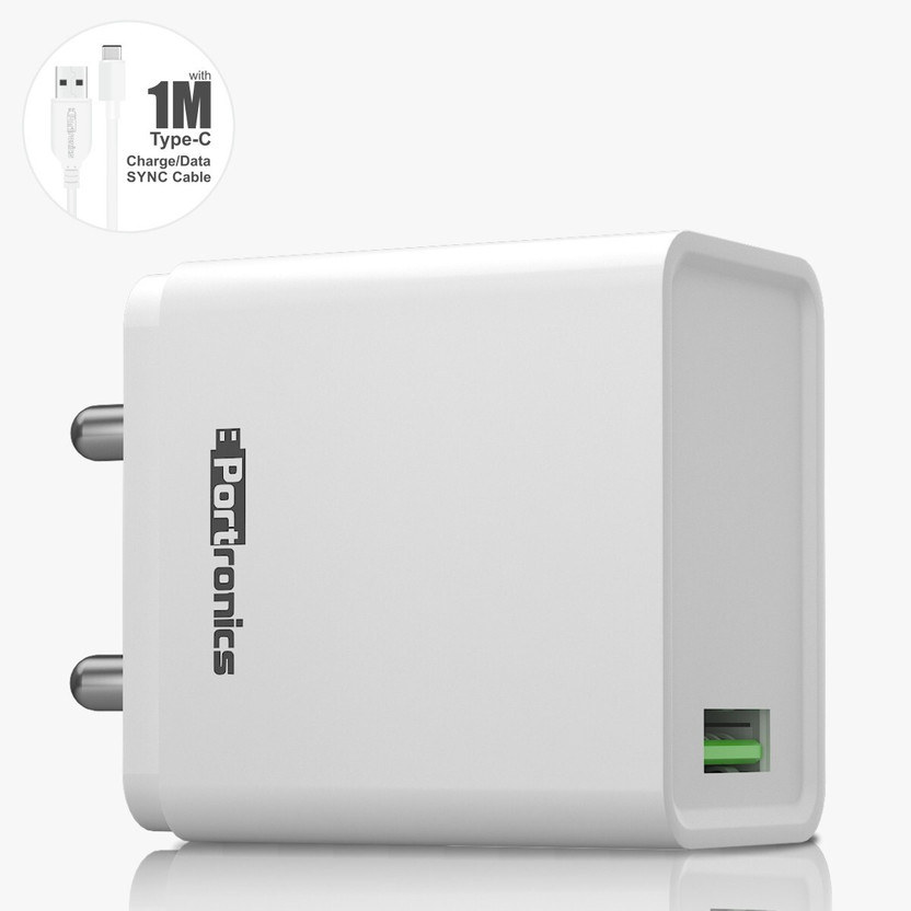 Portronics 18 W Qualcomm 3.0 3 A Wall Charger for Mobile with Detachable Cable(White, Cable Included)