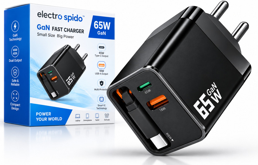 Electro Electro Spido 65 W GaN 12 A Multi-pin Wall Charger for Mobile with Detachable Cable(Black) - Flipkart Deal