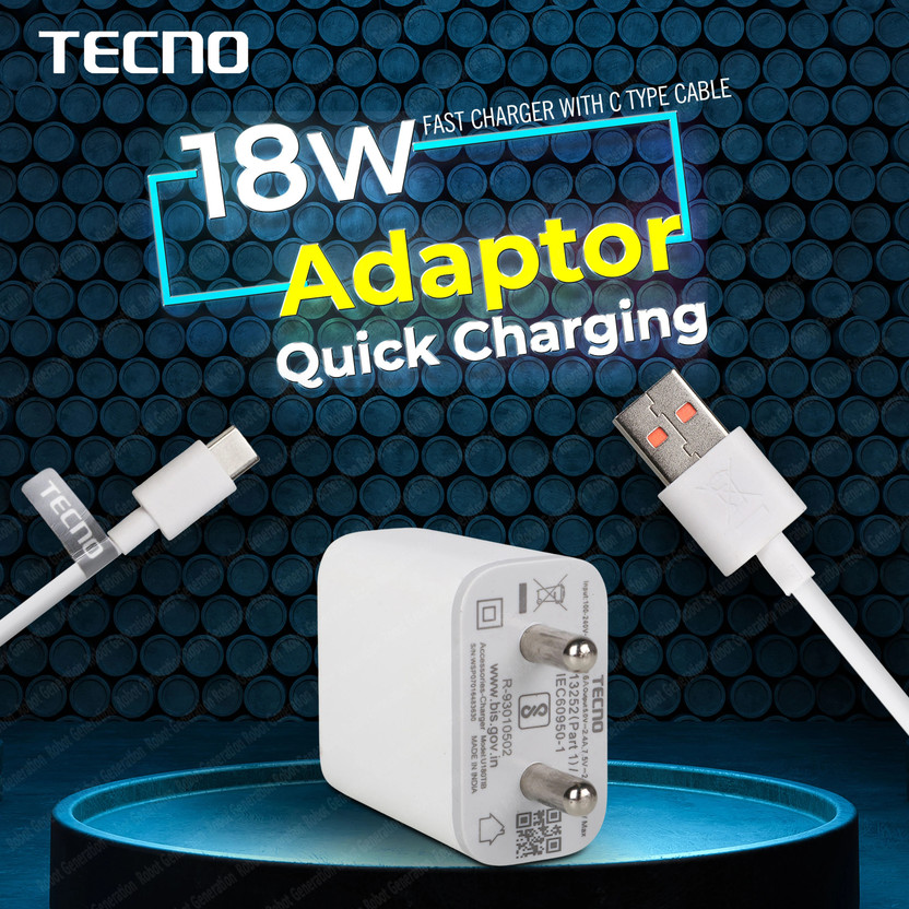 Tecno 18 W 2 A Wall Charger for Mobile(White 18 Watt Charger For Infinix Phone, Cable Included)