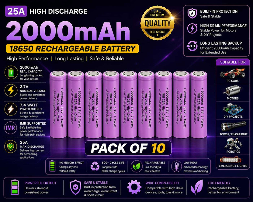 khurafatiLabs BEST_ 7.4 _WAAT_ 18650 _3.7_ VOLT  Battery(Pack of 10)