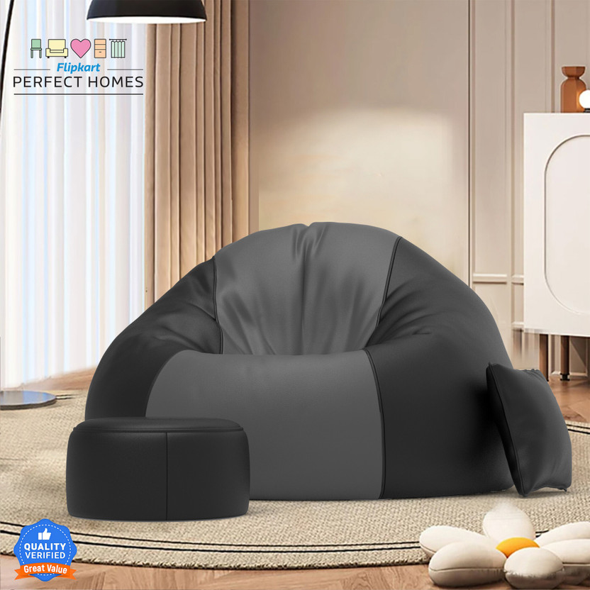 Flipkart Perfect Homes 4XL FluffCloud Sofa With Free Cushion and Puffy , Dark-Grey::Black Teardrop Bean Bag  With Bean Filling(Dark Grey, Black)