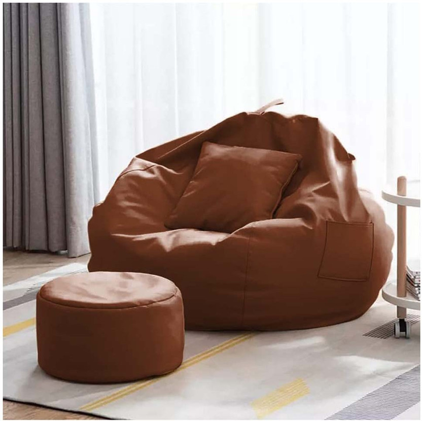 GIGLICK XXXL Faux Leather Leatherette Bean Bag with Footrest and Cushion Filled with Beans Bean Bag Chair  With Bean Filling(Tan)