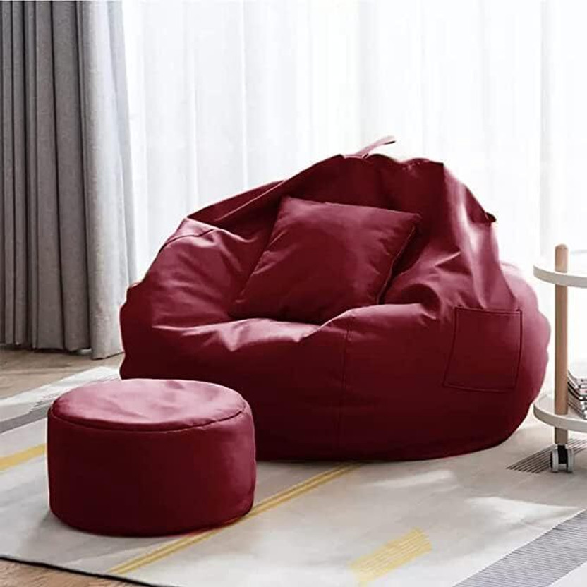 GIGLICK XXXL Faux Leather Leatherette Bean Bag with Footrest and Cushion Filled with Beans Bean Bag Chair  With Bean Filling(Maroon)
