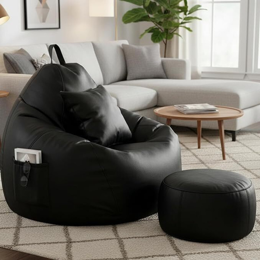 Flipkart Perfect Homes Studio Jumbo Faux Leather Leatherette Bean Bag with Footrest and Cushion Filled with Beans Teardrop Bean Bag  With Bean Filling(Black)