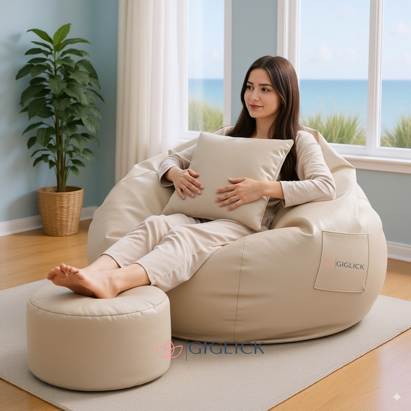GIGLICK XXXL Faux Leather Leatherette Bean Bag with Footrest and Cushion Filled with Beans Bean Bag Chair  With Bean Filling(Beige)