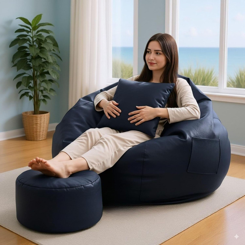 GIGLICK XXXL Faux Leather Leatherette Bean Bag with Footrest and Cushion Filled with Beans Bean Bag Chair  With Bean Filling(Indigo)