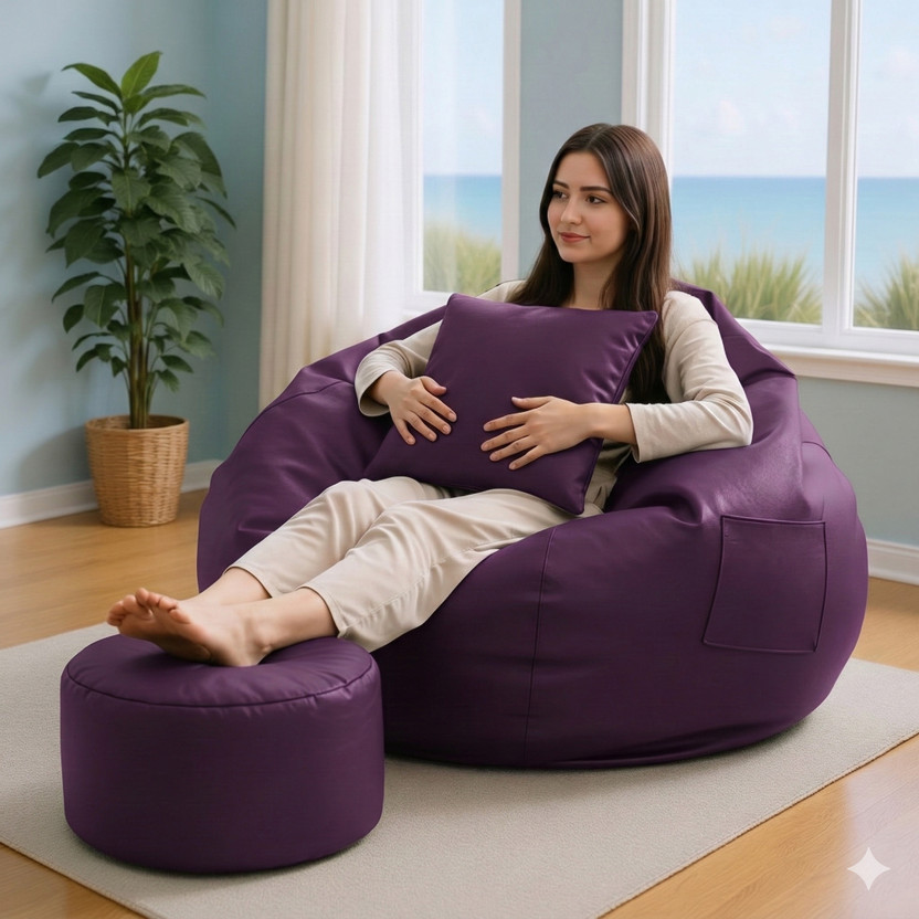 GIGLICK XXXL Faux Leather Leatherette Bean Bag with Footrest and Cushion Filled with Beans Bean Bag Chair  With Bean Filling(Purple)