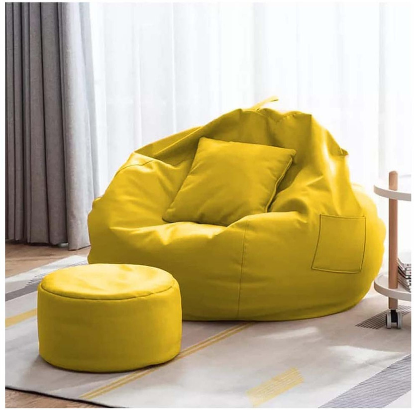 GIGLICK XXXL Faux Leather Leatherette Bean Bag with Footrest and Cushion Filled with Beans Bean Bag Chair  With Bean Filling(Yellow)