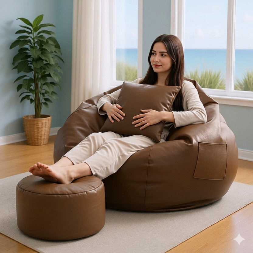 GIGLICK GIGLICK XXXL Faux Leather Leatherette Bean Bag with Footrest and Cushion Filled with Beans Bean Bag Chair  With Bean Filling(Tan) - Flipkart Deal