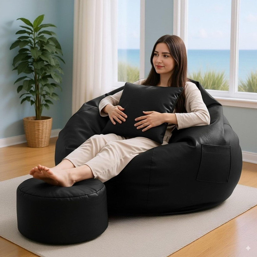 GIGLICK GIGLICK XXXL Faux Leather Leatherette Bean Bag with Footrest and Cushion Filled with Beans Bean Bag Chair  With Bean Filling(Black) - Flipkart Deal