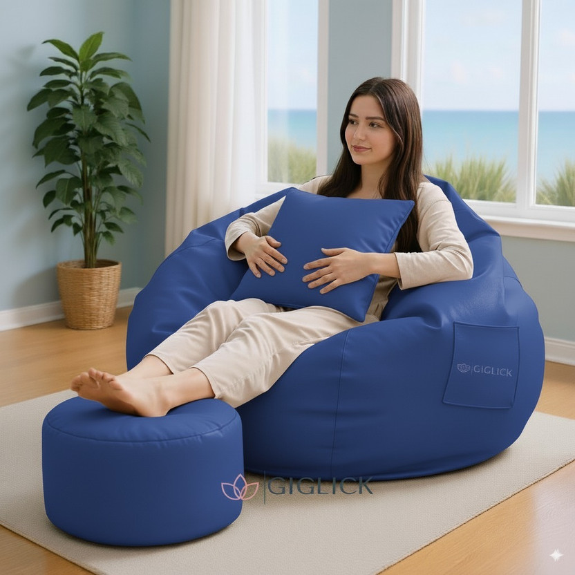 GIGLICK XXXL Faux Leather Leatherette Bean Bag with Footrest and Cushion Filled with Beans Bean Bag Chair  With Bean Filling(Blue)