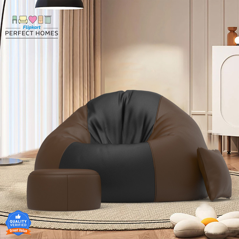 Flipkart Perfect Homes 4XL FluffCloud Sofa With Free Cushion and Puffy , Black::Brown Teardrop Bean Bag  With Bean Filling(Black, Brown)