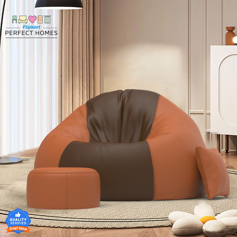 Flipkart Perfect Homes 4XL FluffCloud Sofa With Free Cushion and Puffy , Tan-Brown::Brown Teardrop Bean Bag  With Bean Filling(Tan, Brown)