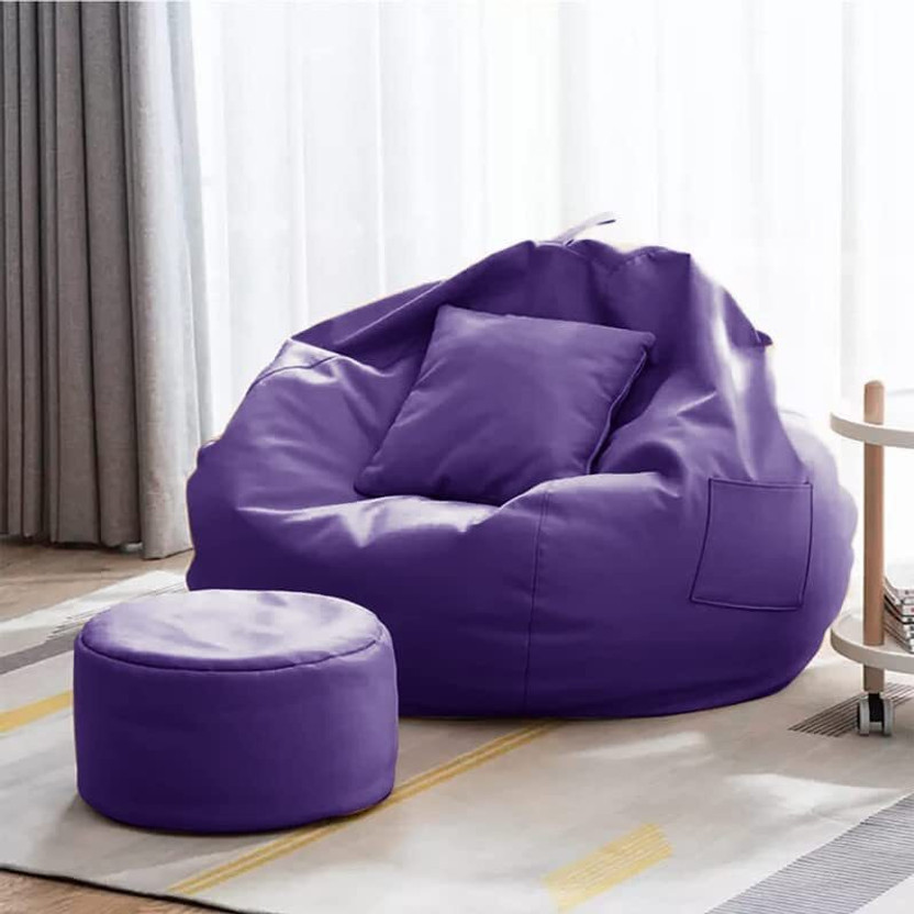 GIGLICK XXXL Faux Leather Leatherette Bean Bag with Footrest and Cushion Filled with Beans Bean Bag Chair  With Bean Filling(Purple)