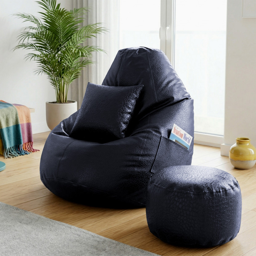 Flipkart Perfect Homes Studio XXXL Bean Bag with Footstool, Cushion and Crocodile Texture Design | Faux Leather Teardrop Bean Bag(Black)