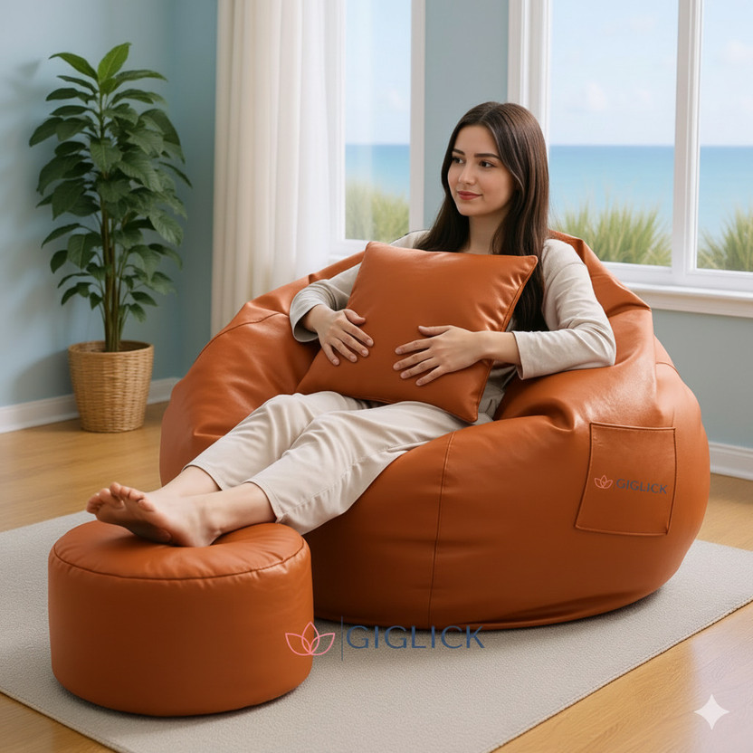 GIGLICK XXXL Faux Leather Leatherette Bean Bag with Footrest and Cushion Filled with Beans Bean Bag Chair  With Bean Filling(Orange)