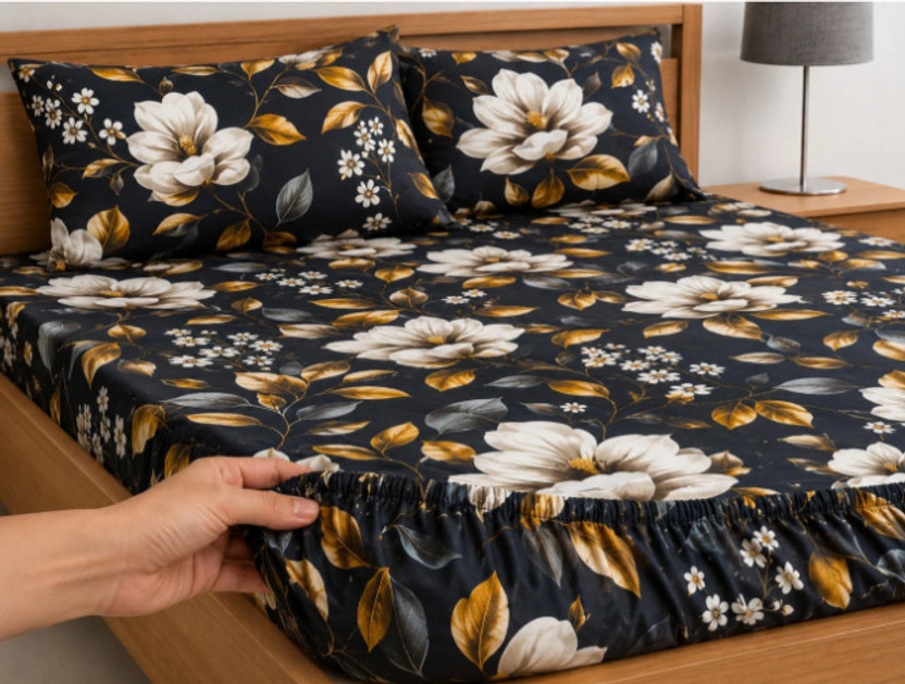 KIDSHEET Cotton King, Double Fitted (Elastic) 350 TC Floral 1 Bedsheet(Multicolor)