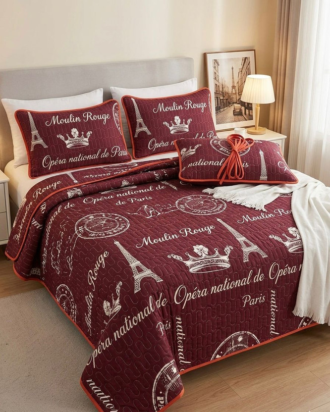SRS Reversible Cotton King Bed Spread(Maroon, two pillow covers/shams, one bedspread)