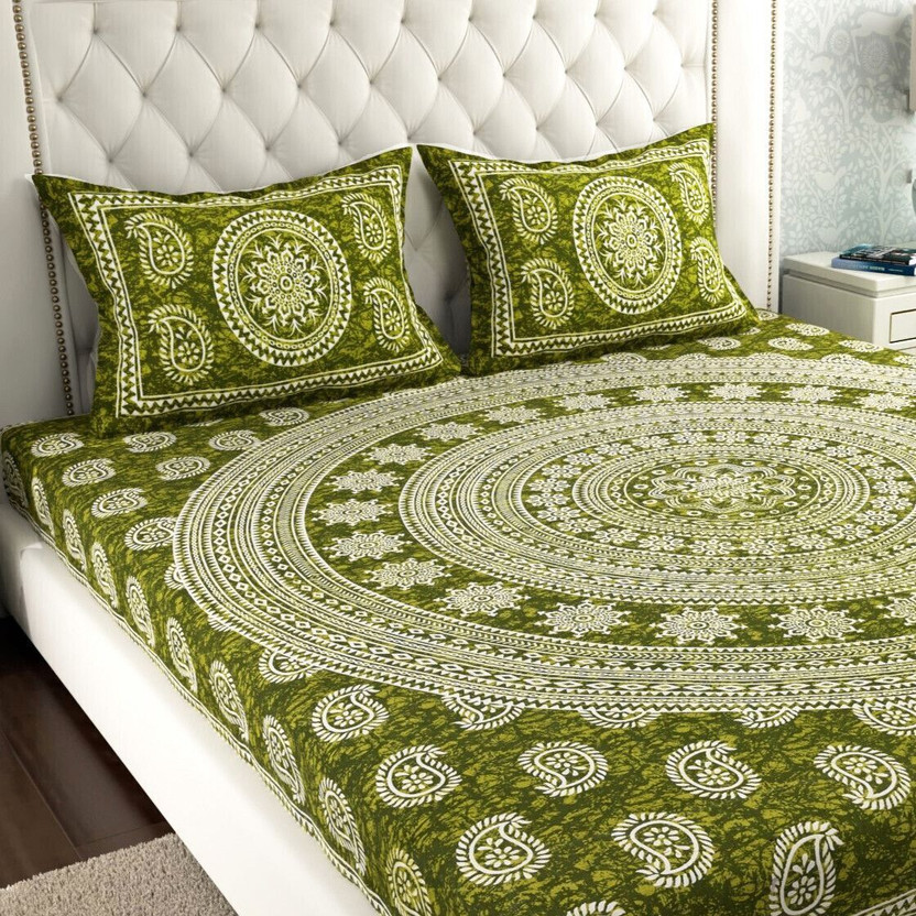 MONAYRA Cotton Double Flat 144 TC Jaipuri Prints 1 Bedsheet with 2 Pillow Covers(Dark Green, Green)