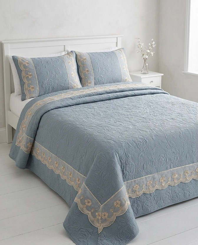 SRSCREATIONS Cotton King Bed Spread(Blue, One bedspread/bed cover)