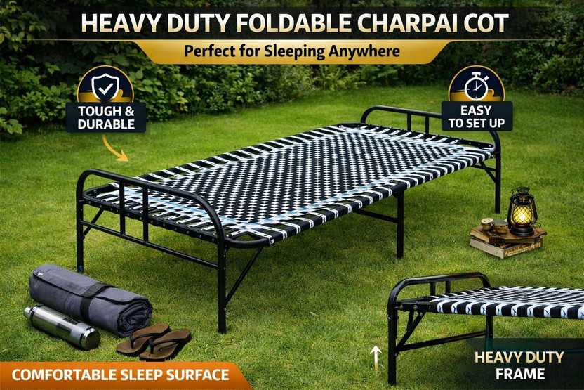 Nandeksha Single Folding Bed Niwar Charpai Khatiya Bed for Sleeping Size Metal Single Bed, 88 cm x 182 cm (2.89 ft x 5.97 ft)(Finish Color - Synthetic, Black and White, Delivery Condition - Pre-assembled)