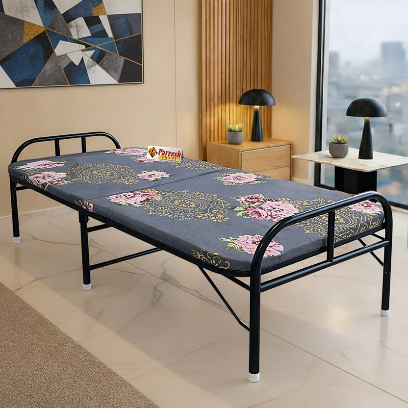 PS PARVESH SMART Mattress folding bed brown 36 Metal Single Bed, 183 cm x 92 cm (6.0 ft x 3.02 ft)(Finish Color - grey,  (Mattress Included), Delivery Condition - Pre-assembled)